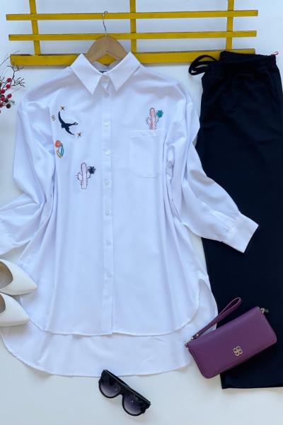 Nakış işlemeli  poplin gömlek Beyaz NEW 3082