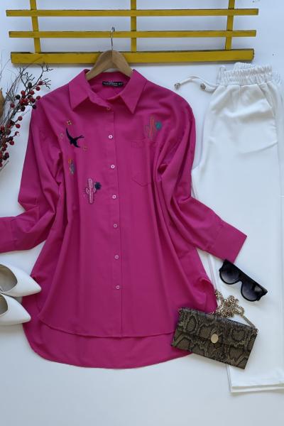Nakış işlemeli  poplin gömlek Fuşya  NEW 3082