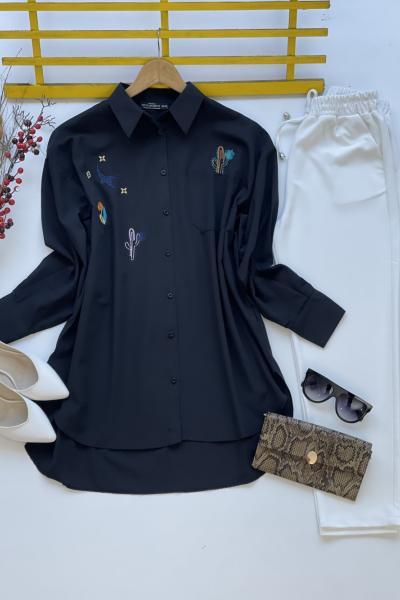 Nakış işlemeli  poplin gömlek siyah  NEW 3082