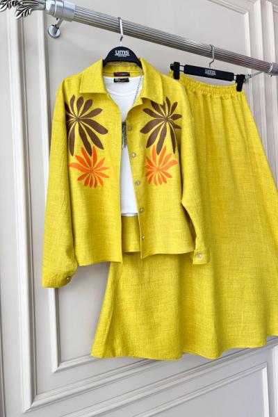 Nakış işlemeli keten etekli takım  hardal  UMS5072