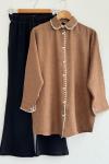 Nakış işlemeli Keten tünik gömlek Kahverengi  DST30244
