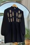 Nakış İşlemeli Keten Gömlek Tunik Siyah  DST30291