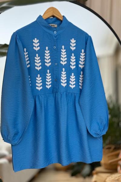 Nakış İşlemeli Keten Gömlek Tunik Mavi  DST30291