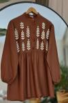 Nakış İşlemeli Keten Gömlek Tunik Kahve  DST30291