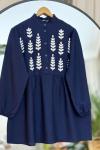 Nakış İşlemeli Keten Gömlek Tunik Lacivert  DST30291