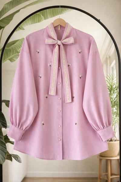 Nakış ve dantel işlemeli Gömlek Pembe TB8095