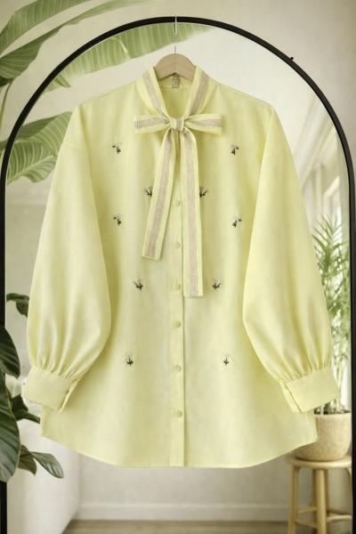 Nakış ve dantel işlemeli Gömlek Sarı TB8095