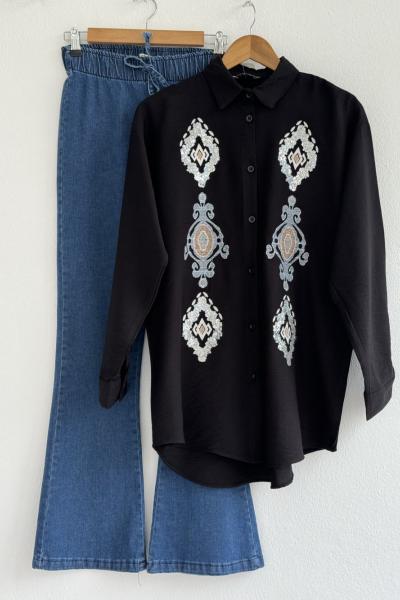 Nakış ve pul detaylı Keten gömlek DST302555