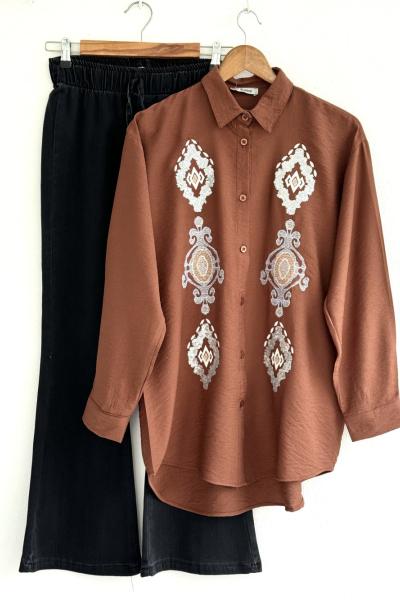 Nakış ve pul detaylı Keten Kahve DST302555