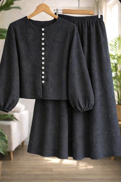 Nakışlı kumaş işleme Etek blüz takım  Siyah UMS60349