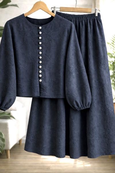 Nakışlı kumaş işleme Etek blüz takım Lacivert UMS60349