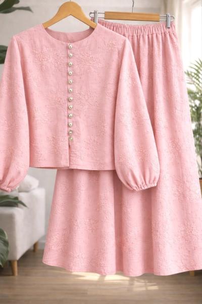 Nakışlı kumaş işleme Etek blüz takım  Pembe UMS60349