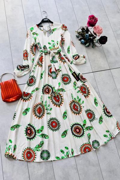 Nazarboncuklu dokuma Viskon elbise ekru UMS1638