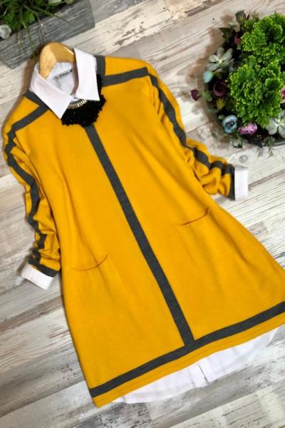 nfs 357 dikey cizgili cepli triko tunik hardal