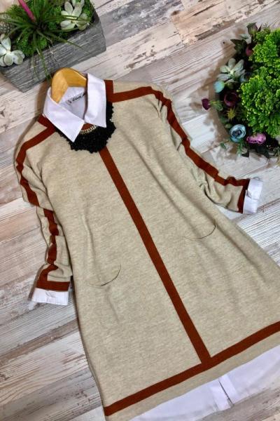 nfs 357 dikey cizgili cepli triko tunik bej