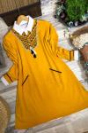 nfs379 yaka nakış işlemeli cepli triko tunik sarı