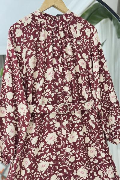 Nira Hakımyaka Düğmeli Kemerli Elbise Bordo UMS50275