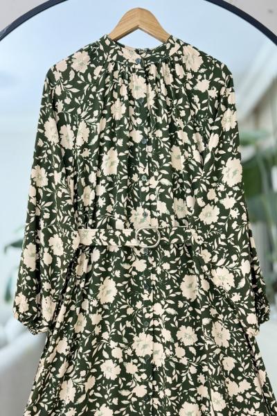 Nira Hakımyaka Düğmeli Kemerli Elbise Yeşil UMS50275