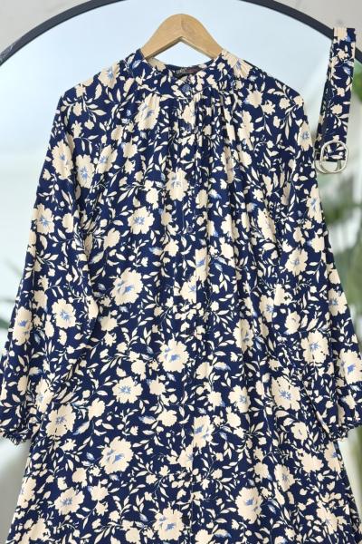 Nira Hakımyaka Düğmeli Kemerli Elbise lacivert UMS50275