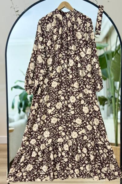 Nira Hakımyaka Düğmeli Kemerli Elbise Kahve UMS50275