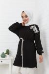 Omuz Baskılı Kemerli Triko Tunik Siyah NFS14416