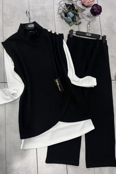 Omuz düğme detaylı üçlü takım Siyah SLT50118