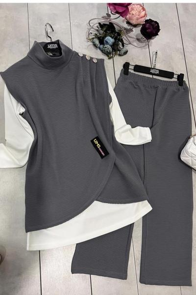 Omuz düğme detaylı üçlü takım Gri  SLT50118