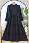 Omuz fırfırlı Yarım Düğmeli kuşaklı Elbise Siyah KRN8013