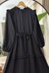 Omuz fırfırlı Yarım Düğmeli kuşaklı Elbise Siyah KRN8013