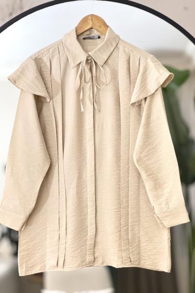 Omuz fırfırlı Pilise Detaylı Bağcıklı Tunik Bej  NEW6040