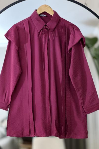 Omuz fırfırlı Pilise Detaylı Bağcıklı Tunik Bordo NEW6040