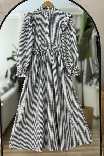 Omuz fırfırlı Yandan bağcıklı  çizgili Elbise Antrasit KR8019