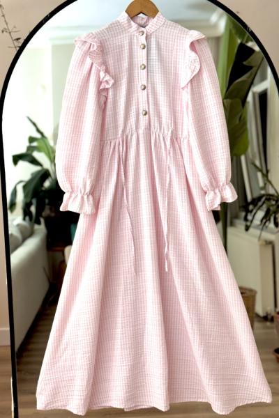 Omuz fırfırlı Yandan bağcıklı  çizgili Elbise Pembe KR8019