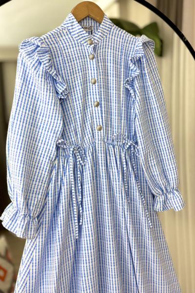 Omuz fırfırlı Yandan bağcıklı  çizgili Elbise Mavi KR8019