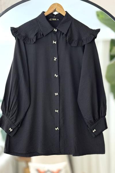 Omuz fırfırlı pelerinli Tunik Siyah TCN40106