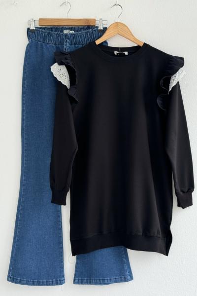 Omuz fırfır ve Dantel Detaylı Tunik  Siyah DST30242
