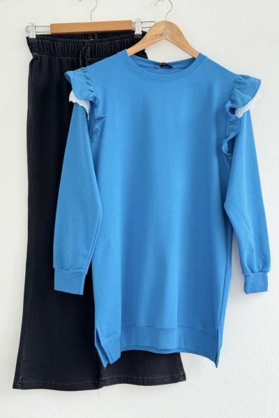 Omuz fırfır ve Dantel Detaylı Tunik  MAVİ DST30242