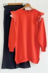 Omuz fırfır ve Dantel Detaylı Tunik  Turuncu DST30242