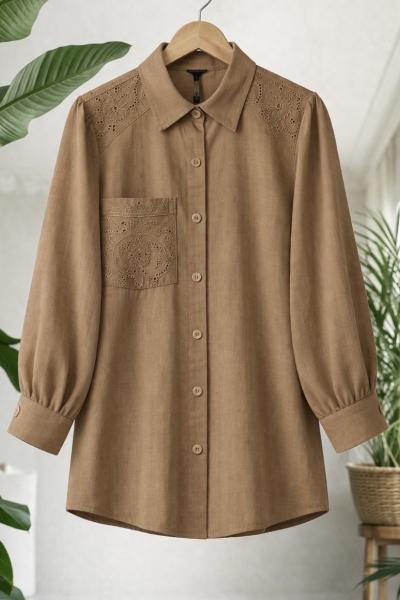 Omuz Kol Dantel İşlemeli Tunik  kahverengi TCN40172