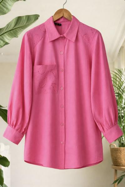 Omuz Kol Dantel İşlemeli Tunik Pembe TCN40172