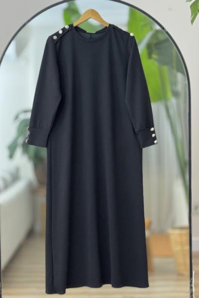 Omuz kol metal Düğmeli seyyar kuşaklı Elbise Siyah BK9522
