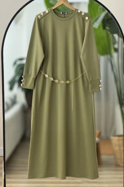 Omuz kol metal Düğmeli seyyar kuşaklı Elbise Yeşil  BK9522