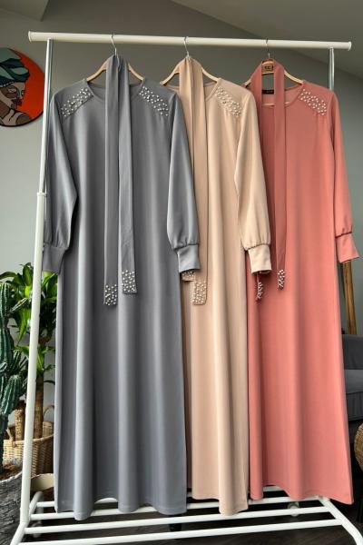 Omuz Kol Taş İşlemeli Elbise  Gri TCN4074