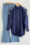 omuz nakış işlemeli gömlek  indigo  DST 30246