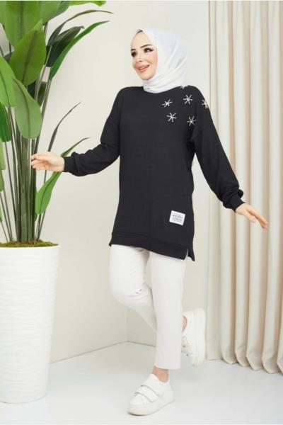 Omuz taş işleme bürümcük tunik Siyah NEW3070