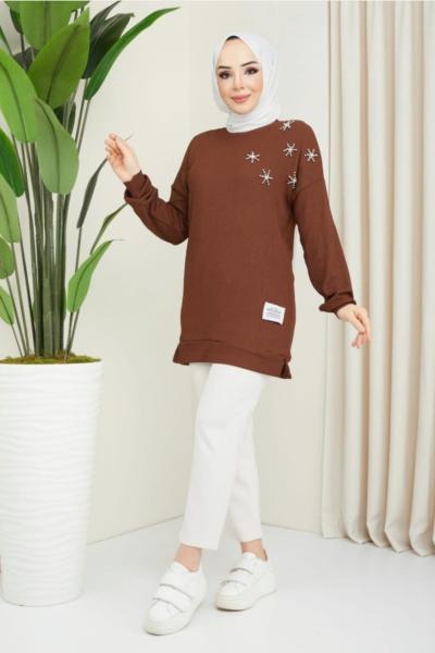 Omuz taş işleme bürümcük tunik  Kahve NEW3070