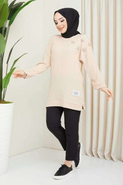 Omuz taş işleme bürümcük tunik  Bej   NEW3070