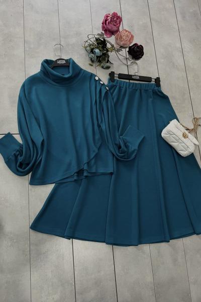 Omuz taşlı piliseli etekli Takım Petrol yeşil UMS50116