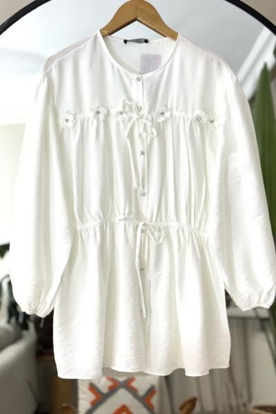 Ön bağcıklı  papatya Detaylı Tunik  Beyaz NW6054