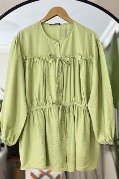 Ön bağcıklı  papatya Detaylı Tunik  Yeşil NW6054